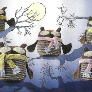 May include: Five brown knitted owl toys with different colored scarves. The owls are sitting on a blue and white background with a tree branch and a moon.