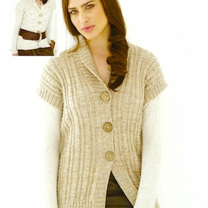 May include: A beige knitted cardigan with a collar and button closure. The cardigan has short sleeves and a ribbed texture.