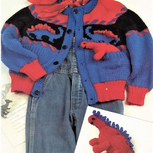 Dinosuar Cardigan Pocket Soft Toy Motif Jacket PDF Knitting Pattern DK ( 8 ply )  22 - 28&quot; 1 - 8 years Childs Boys Stegosaurus Novelty