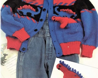 Dinosuar Cardigan Pocket Soft Toy Motif Jacket PDF Knitting Pattern DK ( 8 ply )  22 - 28" 1 - 8 years Childs Boys Stegosaurus Novelty