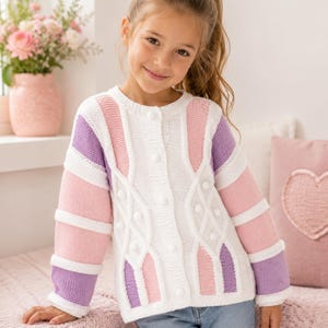Girls Waterfall Cable Cardigan Knitting Pattern PDF Colour Block Jacket Cotton Aran 10ply 26 - 32" Age 6 - 12 Download
