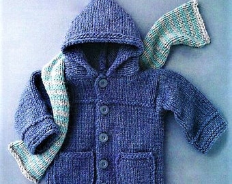 PDF Boys Quick Easy Knit Hooded Jacket Coat Cardigan Pockets Scarf Knitting Pattern Chunky ( Bulky, 12ply ) 22 - 26"  2 - 6 yrs Beginners