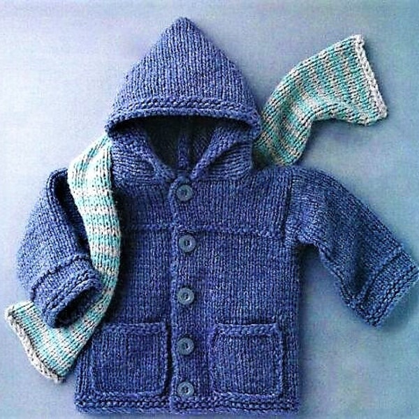PDF Boys Quick Easy Knit Hooded Jacket Coat Cardigan Pockets Scarf Knitting Pattern Chunky ( Bulky, 12ply ) 22 - 26"  2 - 6 yrs Beginners