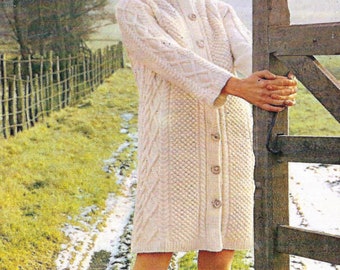 Ladies Long Cable Coat High Neck 60's style Cardigan Jacket PDF Knitting Pattern Aran ( 10 ply, Worsted ) 32 - 39" Vinatge Download
