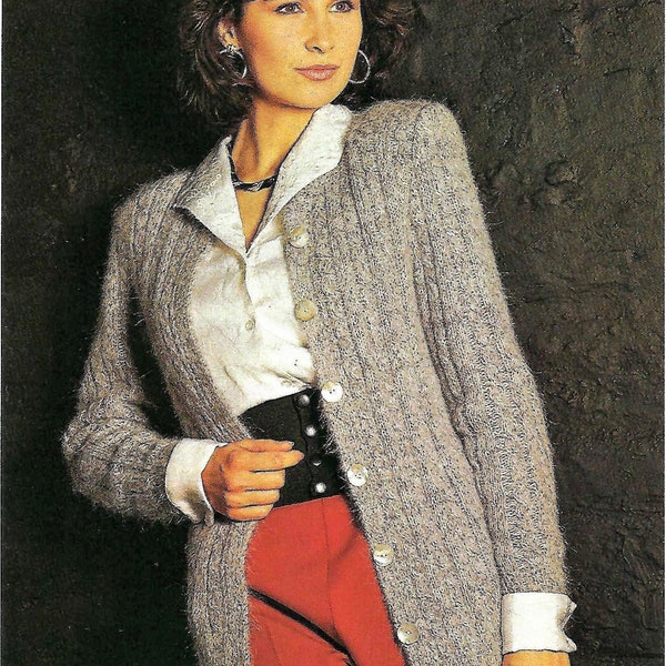 Ladies Long Loose Fit Cable Jacket Cardigan Optional Shoulder Pads 80s PDF Knitting Pattern DK ( 8 ply ) 32 - 38" Vintage Download