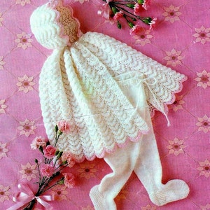 Baby Girls Boys Hooded Cape Shawl & Leggings Pram Set PDF Knitting Pattern DK ( 8 ply ) Scalloped Edge Carry Blanket 16 -19" Lacy Vintage