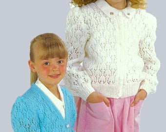 Girls Toddler Lacy Cardigan V or Round Neck Puff Sleeve Summer Jacket PDF Knitting Pattern DK 8ply 22 - 32" Age 1 - 12 Vintage Downloadable