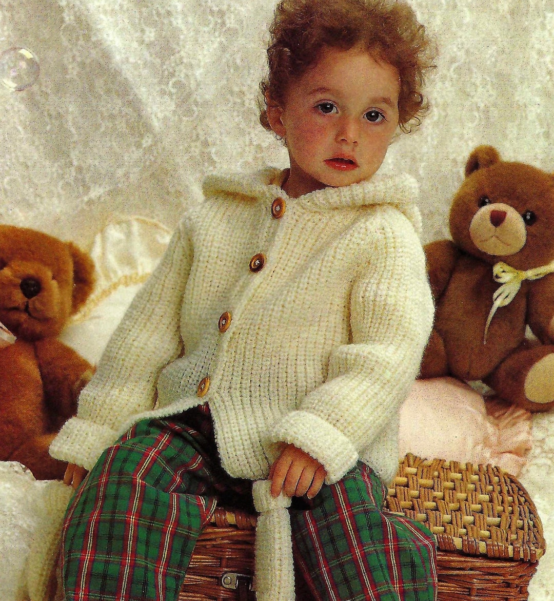 PDF Knitting Pattern Childs Hooded Jacket Coat Rib Design Cardigan