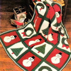 PDF Crochet Pattern Festive Christmas Afghan Throw Blanket Snowman Granny Square Tree Wreath Aran ( 10 ply, Worsted ) 44 x 60 ins Vintage