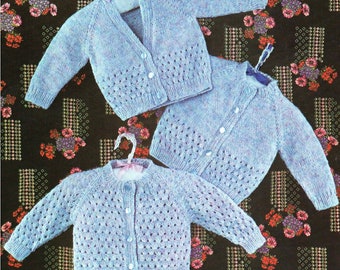 Baby Girls Raglan Eyelet Cardigan 3 designs PDF Knitting Pattern DK ( 8 ply )  18 - 20" Lacy Vintage Digital Download