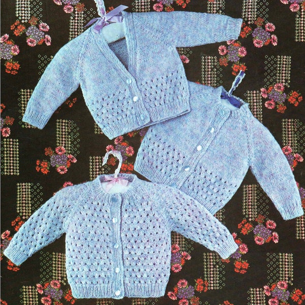 Baby Girls Raglan Eyelet Cardigan 3 designs PDF Knitting Pattern DK ( 8 ply )  18 - 20" Lacy Vintage Digital Download