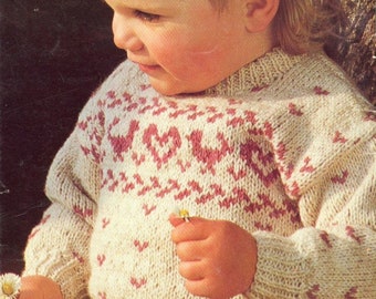 Childs Fair Isle Sweater Duck & Heart Motif Girls Jumper PDF Knitting Pattern DK ( 8 ply )  22 - 30" Age 1 - 10 years Vintage Download