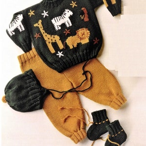 PDF Knitting Pattern Baby Boys Safari Animal Sweater Jumper Trousers Hat DK ( 8 ply ) 20 - 22" 6 mths - 2 yrs Lion Zebra Giraffe