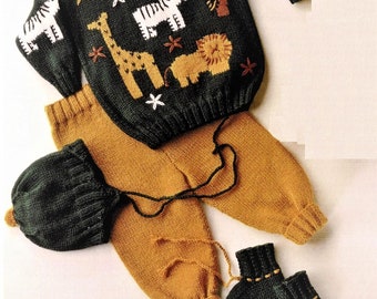 PDF Knitting Pattern Baby Boys Safari Animal Sweater Jumper Trousers Hat DK ( 8 ply ) 20 - 22" 6 mths - 2 yrs Lion Zebra Giraffe