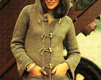 Ladies Easy Knit Chunky Hooded Duffle Coat Knitting Pattern PDF Long Cardigan Womens Jacket Pockets  Bulky 12ply  32 - 42" Downlaodable