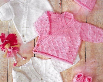 Baby Girls Wrap Cross Over Cardigan Hat Shoes Plain or Bobble Design PDF Knitting Pattern DK ( 8 ply ) 16 - 26" 0 - 6 yrs Vinatge Downlaod