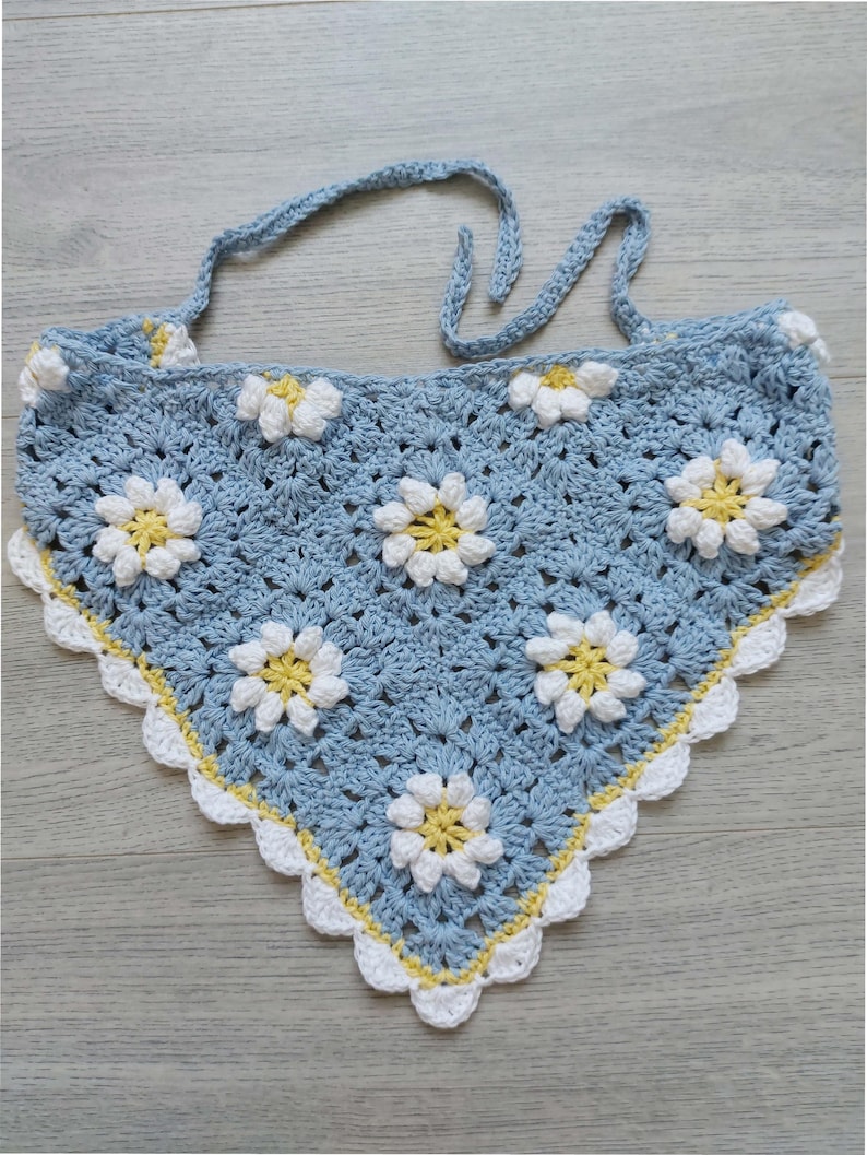 PDF Crochet Pattern Bandana Daisy Flower Granny Square Kerchief Head Scarf Easy Boho Style in Cotton DK ( 8 ply ) Adult One Size Womens imagen 2