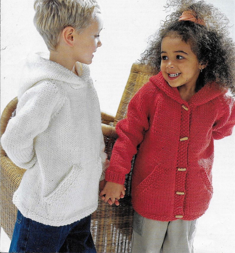 Boys Girls Hooded Jacket Coat Sweater Childs Hoody PDF Knitting Pattern Bulky Chunky 12 ply Chest 22 32 Age 2 12yrs Digital download zdjęcie 1