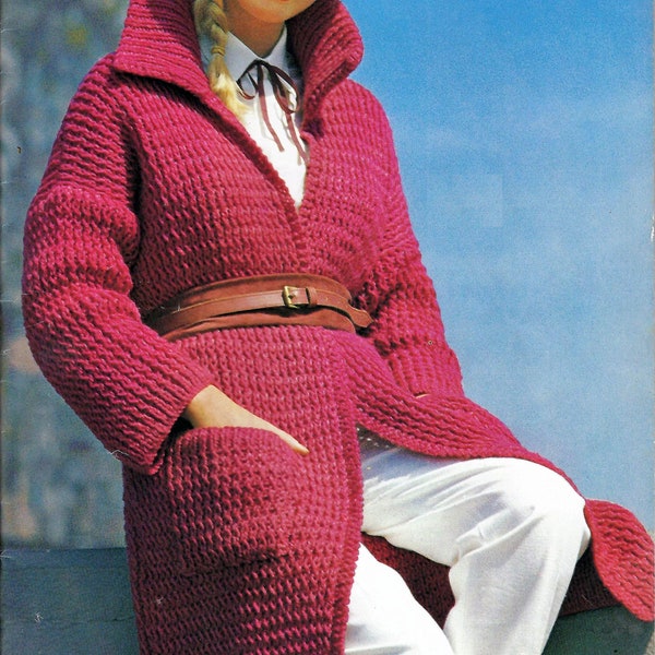 Ladies Long Winter Coat Jacket Cardigan Pockets Collar PDF Knitting Pattern Chunky Bulky 32 - 42" Vintage Digital Download