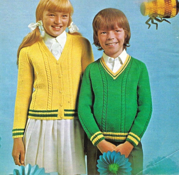 Boys Girls Cricket Style Cable Cardigan Sweater Jumper V Neck Colour Border  PDF Knitting Pattern DK ply 24 30