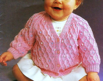 Baby Girls Smock Effect Cable Cardigan V or Round Neck Jacket PDF Knitting Pattern 4ply 16 - 20" 0 - 12 mths Vintage Downlaod