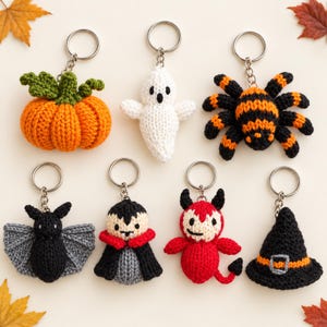Knitting Pattern Halloween Keychains PDF Devil Ghost Vampire Pumpkin DK