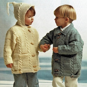 Boys Girls Childs Textured Block & Cable Duffle Coat Hooded Jacket Cardigan Pockets PDF Knitting Pattern Aran ( 10 ply, worsted ) 20 - 30&quot;