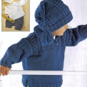 Baby Boys Cable Tunic Sweater Jumper Optional Collar Tassle T Bag Hat PDF knitting Pattern DK ( 8 ply )  16 - 28" 0 - 8 yrs Childs Download