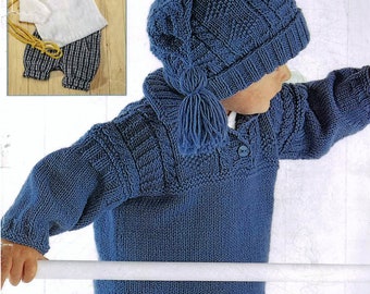 Baby Boys Cable Tunic Sweater Jumper Optional Collar Tassle T Bag Hat PDF knitting Pattern DK ( 8 ply )  16 - 28" 0 - 8 yrs Childs Download