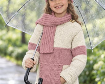 May include: A cream and dusty rose color-blocked knit sweater with a front kangaroo pocket, paired with a matching dusty rose ribbed knit scarf and a dusty rose beanie. The sweater features long sleeves with dusty rose horizontal stripes.