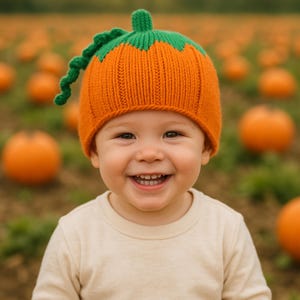 May include: A smiling child wearing an orange and green knit pumpkin hat. The hat has a green stem and a green brim. The child is wearing a cream-colored long-sleeved shirt. Pumpkins are in the background.