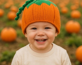 Premature Baby - 8 yrs Pumpkin Hat Halloween Novelty Beanie PDF Knitting Pattern Toddler Boys Girls DK 8ply Worked flat 2 Needles Download