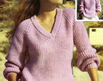 Ladies Rib Sweater Jumper PDF Knitting Pattern V Neck Casual Pullover Loose Fit DK ( 8 ply ) Womens 32 - 38" Vintage Download