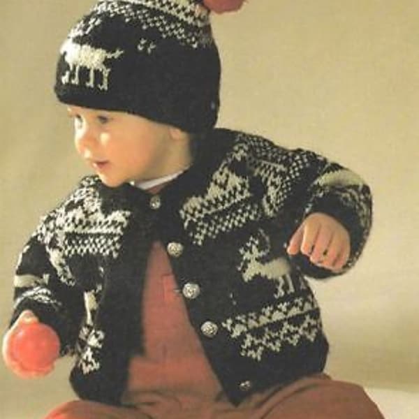 Baby Boys Girls Fair Isle reindeer Jacket Cardigan Hat Boots Christmas PDF Knitting Pattern DK ( 8 ply ) 6 - 9m & 9 - 12 m Downloadable