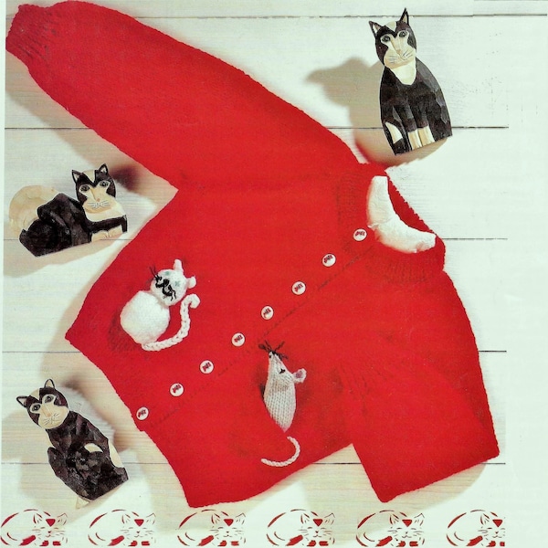 Childs Plain Raglan Cardigan with Cat Motif & Mouse Pocket Toy PDF Knitting Pattern DK ( 8 ply ) 20 - 26" 1 - 7 years Vintage Download
