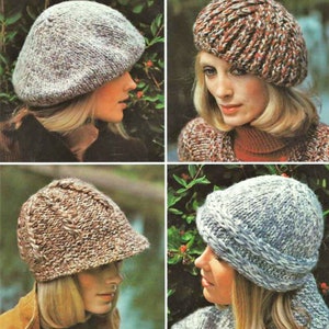 May include: Four different knitted hats in various colors and patterns. The hats are all made with a chunky yarn and have a slouchy fit.