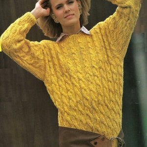 Ladies Easy Knit Slit Neck Sweater Womens Diminishing Cable Jumper PDF Knitting Pattern Tweed Aran 10 ply worsted 32 - 38&quot; Vintage