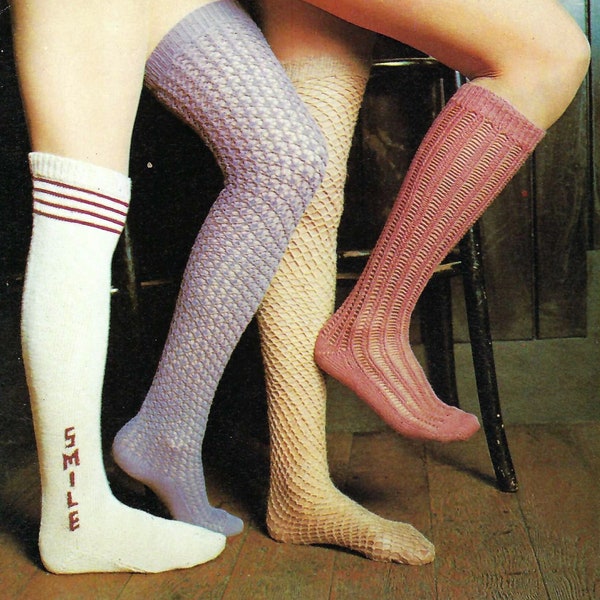 4 x Sock or Stocking Knitting & Crochet Patterns 4 ply Fishnet Rib Lace and Plain with Motif For Average size Foot Vintage Download