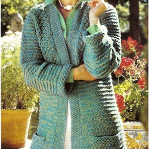 Ladies Long Coat Jacket Cardigan with Pockets & Matching Brimmed Hat PDF Knitting Pattern DK ( 8 ply ) 34 - 40" Womens Vintage Downloadable