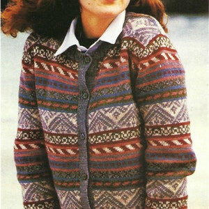 PDF Ladies Fair Isle Jacket Cardigan Knitting Pattern 4 ply ( Fingering ) 32 - 38in Shetland all over fairisle Vintage Download