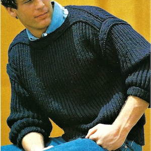 Mens Fisherman Style Rib Sweater Jumper Cable Neck Border Drop Shoulder PDF Knitting Pattern Chunky ( Bulky, 12 ply ) 40 - 44&quot; Vintage