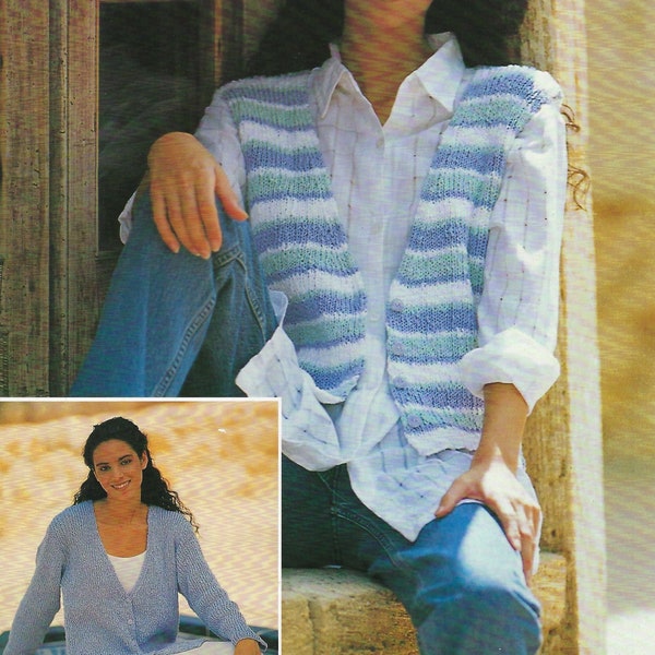 Ladies Long Plain Cardigan & Striped Boho Waistcoat Womens PDF Knitting Pattern DK ( 8 ply ) 32 - 42" Summer Knitwear Vintage Download