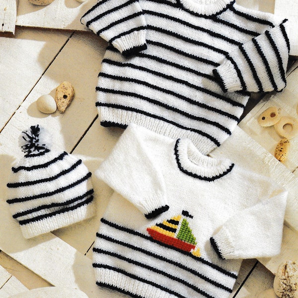 Baby Boys Nautical Themed Boat Motif Sweater Striped Jumper & Hat PDF Knitting Pattern DK ( 8 ply ) 12 - 24" Premature - 4 years