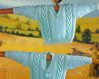 Baby Boys Cable Sweater Jumper Jacket V Neck Cardigan Sweater PDF Knitting Pattern DK ( 8 ply ) 16 - 22" 0 - 2 years Vintage Downlaod