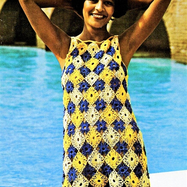 PDF Crochet Pattern Ladies Granny Square Summer Tunic Dress Patchwork Sleeveless Chest 36" 4 ply Fingering 70s Vintage Download