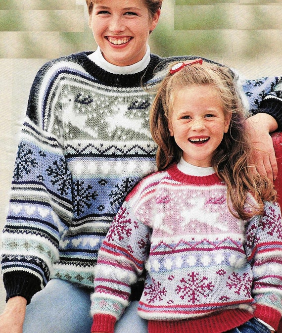 Womens Girls Reindeer Snowflake Motif Fair Isle Sweater Ladies
