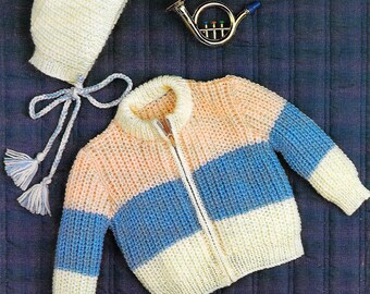 Baby Fishermans Rib Jacket  Boys Girls Block Striped Zip Cardigan PDF Knitting Pattern DK 8ply 19 - 22" 3mths - 2 years Vintage Download