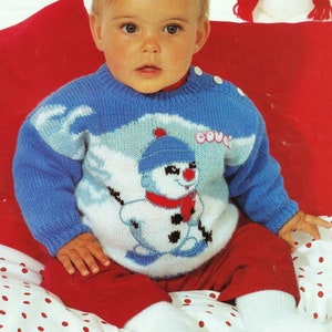 Baby Boys Girls Snowman Motif Christmas Sweater Toddler Xmas Jumper PDF Knitting Pattern DK 8ply 18 - 23&quot; 6m - 3 yrs Vintage