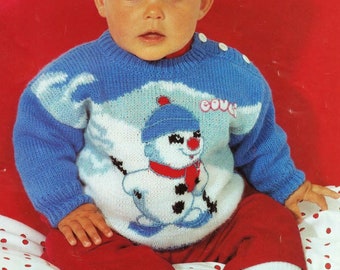 Baby Boys Girls Snowman Motif Christmas Sweater Toddler Xmas Jumper PDF Knitting Pattern DK 8ply 18 - 23" 6m - 3 yrs Vintage