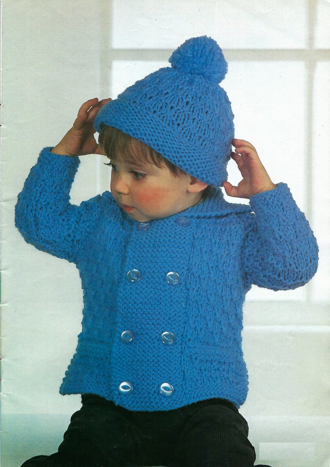 PDF Easy Knitting Pattern Baby Boys Double Breasted Coat Textured